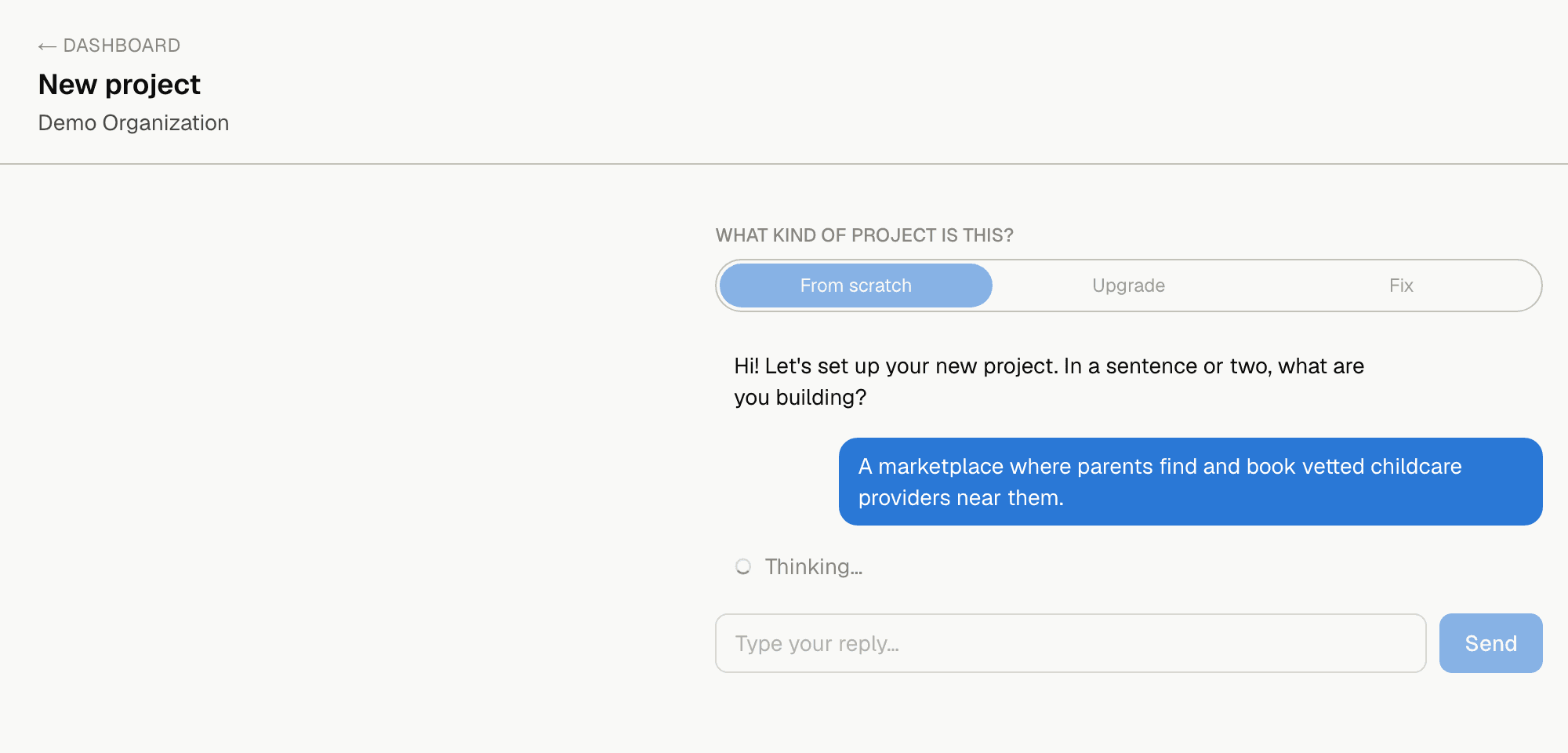 Creating a new project by chatting with ImpRYnt's AI, which is drafting the plan after a one-sentence project description